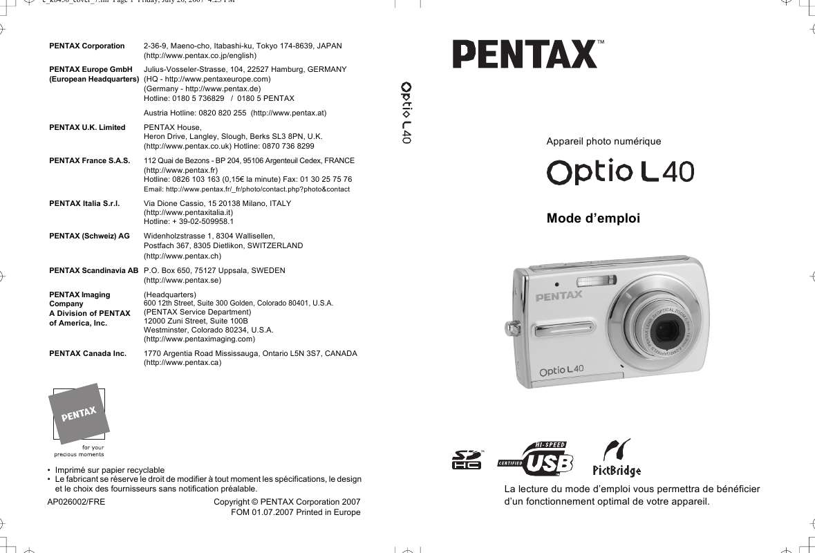 Guide utilisation PENTAX OPTIO L40  de la marque PENTAX