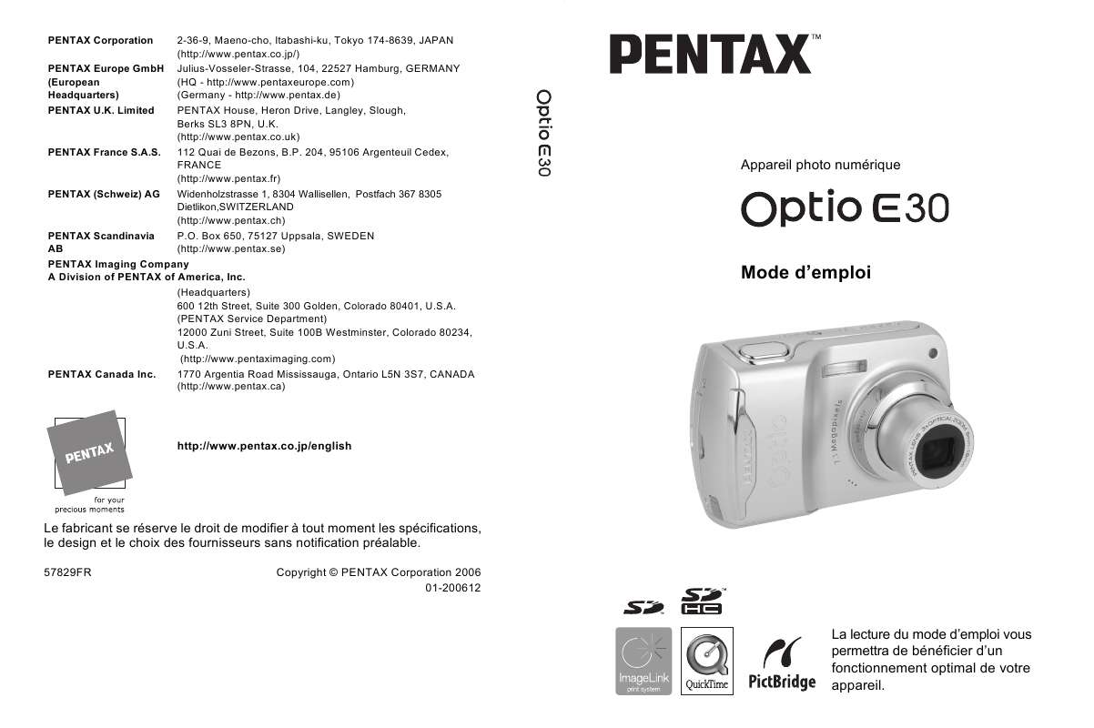 Guide utilisation PENTAX OPTIO E30  de la marque PENTAX