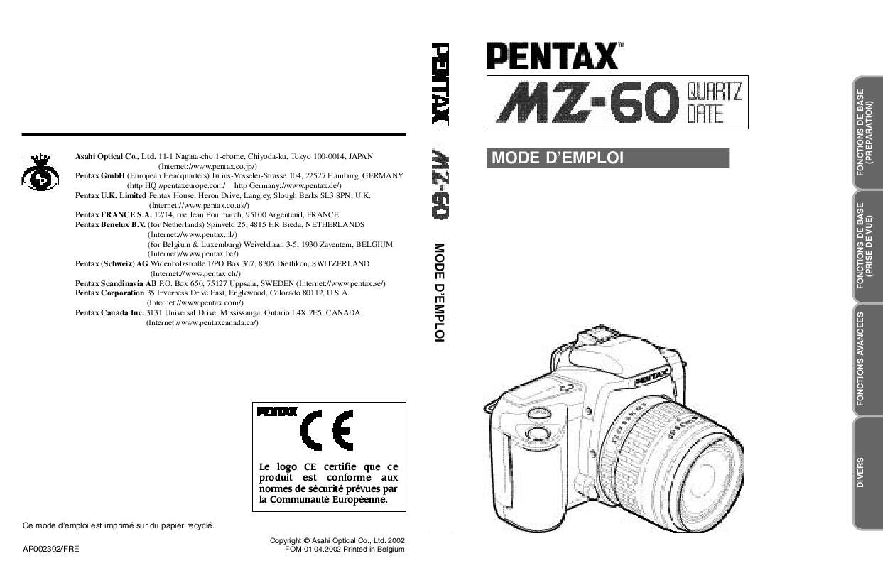 Guide utilisation PENTAX MZ-60  de la marque PENTAX
