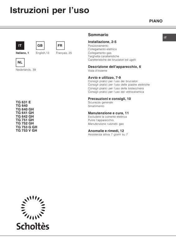 Guide utilisation SCHOLTES TG 640 de la marque SCHOLTES
