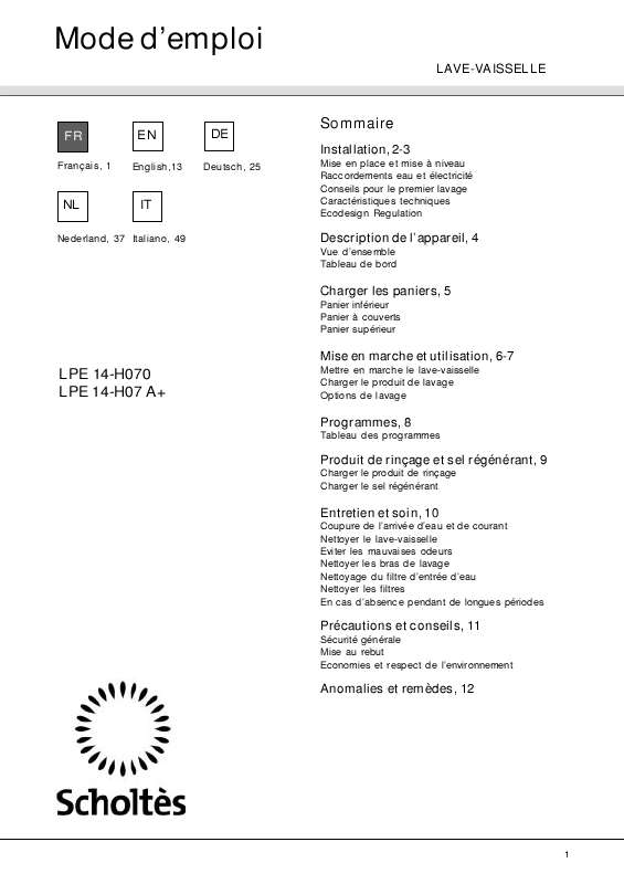 Guide utilisation SCHOLTES LPE 14-H070 IX de la marque SCHOLTES