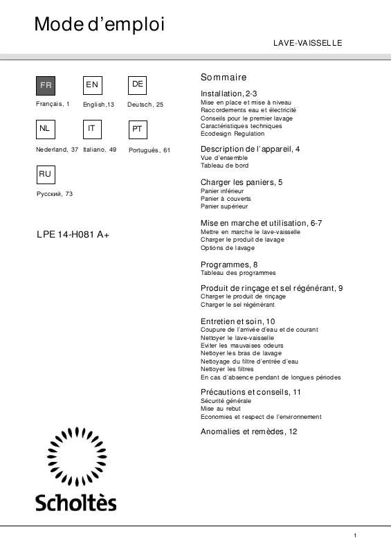 Guide utilisation SCHOLTES LPE 14-H081 IX A de la marque SCHOLTES