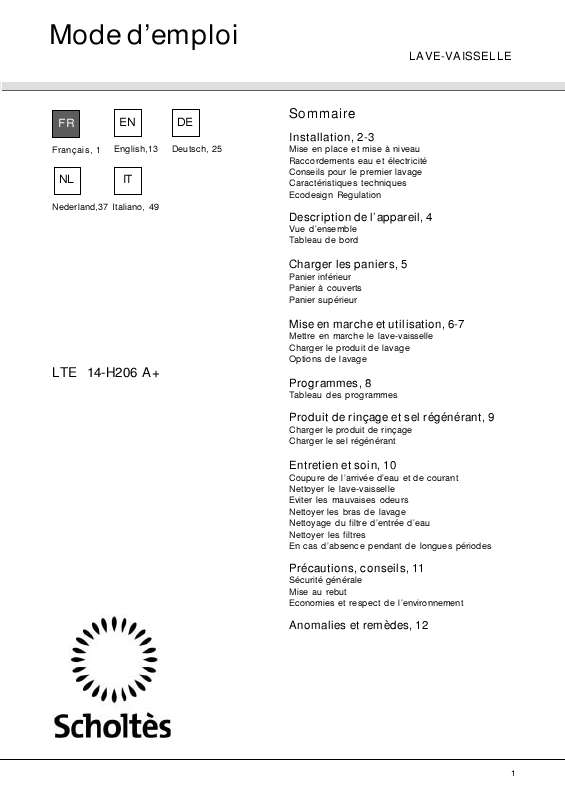 Guide utilisation SCHOLTES LTE 14-H206 A de la marque SCHOLTES
