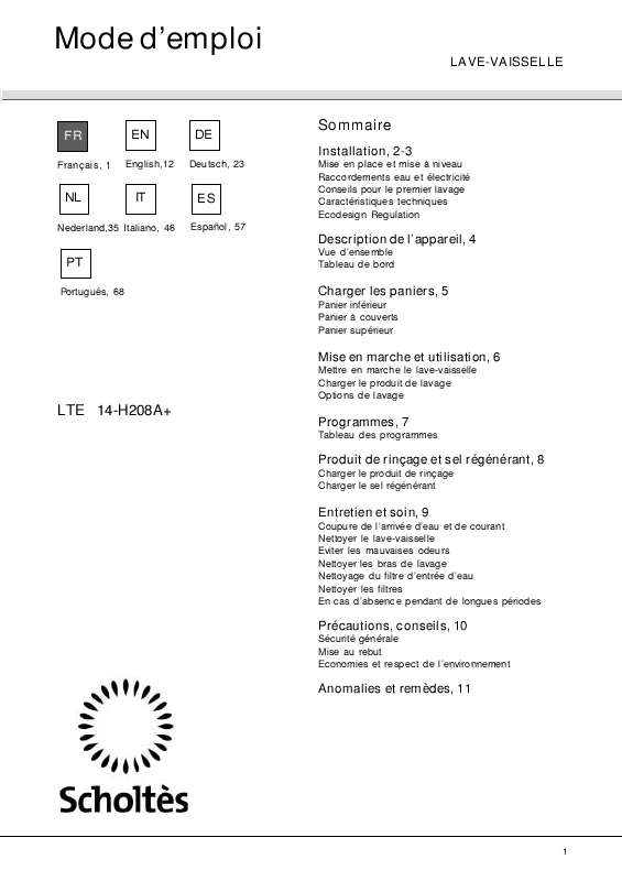 Guide utilisation SCHOLTES LTE 14-H208 A de la marque SCHOLTES