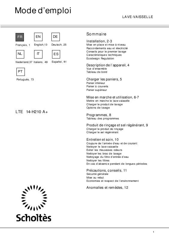 Guide utilisation SCHOLTES LTE 14-H210 A .R de la marque SCHOLTES
