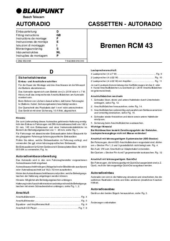 Guide utilisation BLAUPUNKT BREMEN RCM 43  de la marque BLAUPUNKT