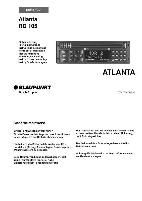 Guide utilisation BLAUPUNKT ATLANTA RD 105  de la marque BLAUPUNKT