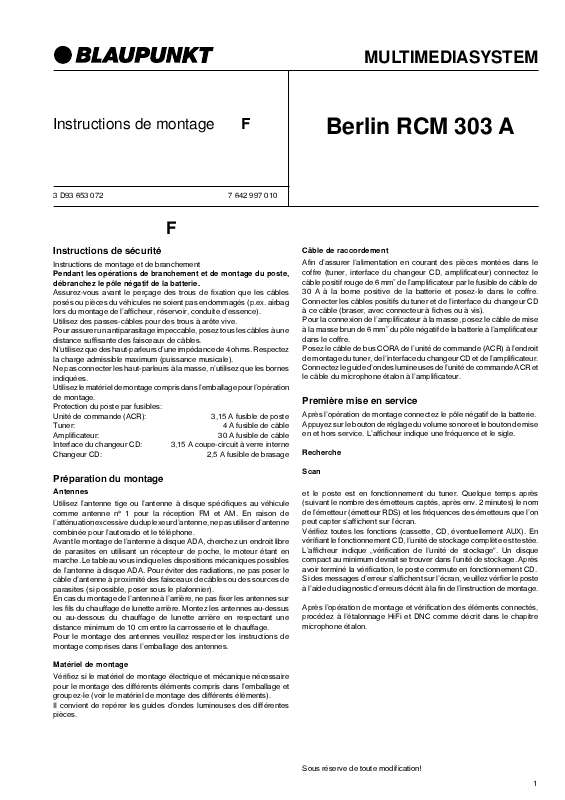 Guide utilisation BLAUPUNKT BERLIN RCM 303A  de la marque BLAUPUNKT