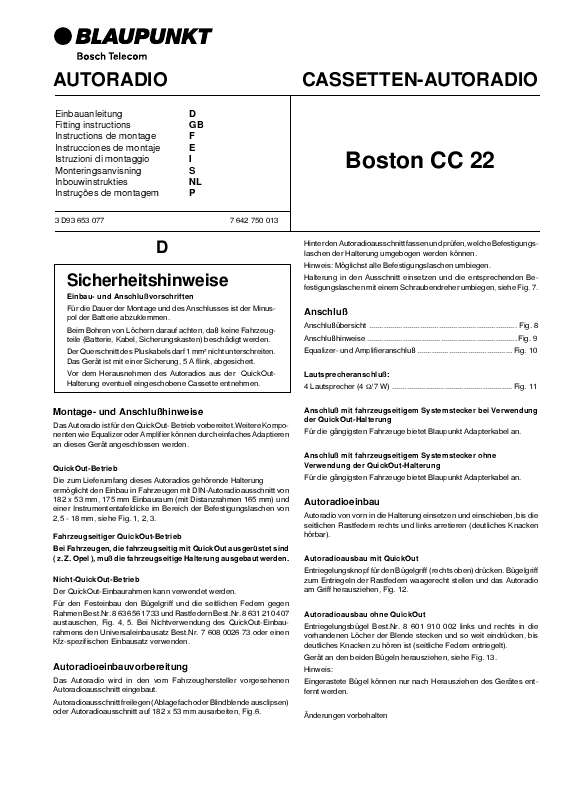 Guide utilisation BLAUPUNKT BOSTON CC 22 QUICK-O  de la marque BLAUPUNKT