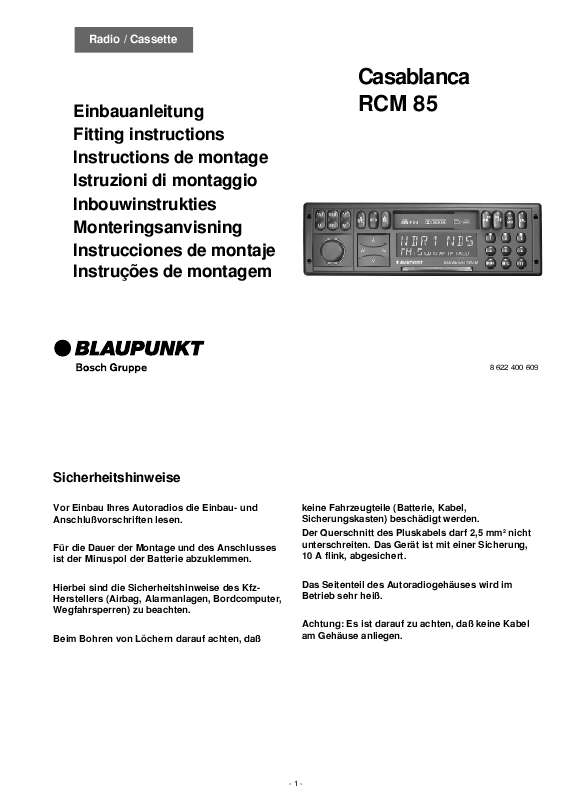 Guide utilisation BLAUPUNKT CASABLANCA RCM85 FOR  de la marque BLAUPUNKT