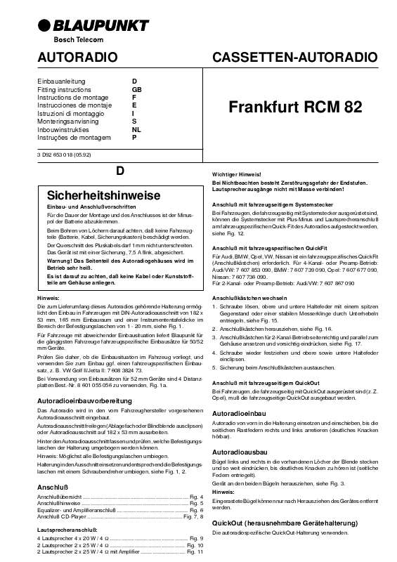 Guide utilisation BLAUPUNKT FRANKFURT RCM82  de la marque BLAUPUNKT