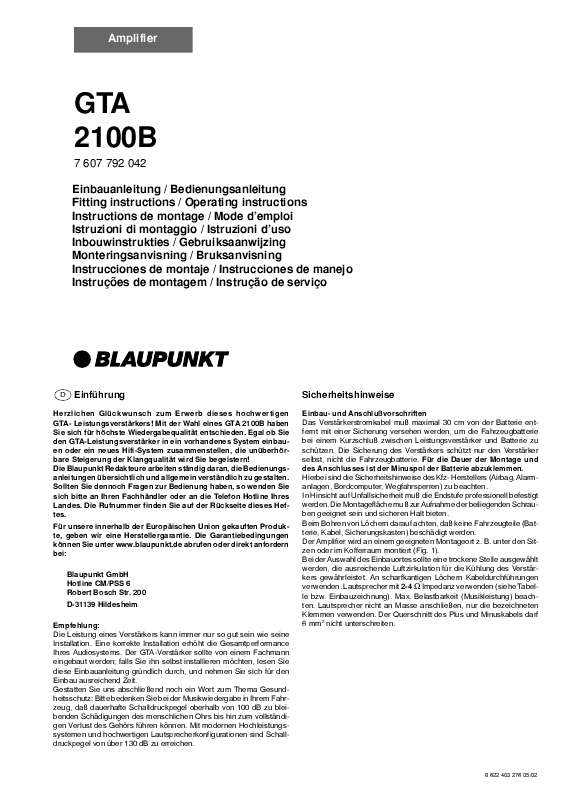 Guide utilisation BLAUPUNKT GTA 2100B  de la marque BLAUPUNKT