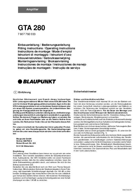 Guide utilisation BLAUPUNKT GTA 280  de la marque BLAUPUNKT