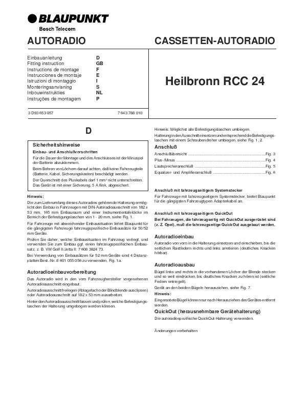 Guide utilisation BLAUPUNKT HEILBRONN RCC 24  de la marque BLAUPUNKT