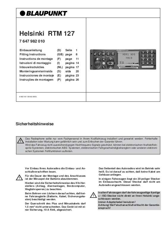 Guide utilisation BLAUPUNKT HELSINKI RTM 127  de la marque BLAUPUNKT