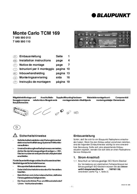 Guide utilisation BLAUPUNKT MONTE CARLO TCM 169  de la marque BLAUPUNKT