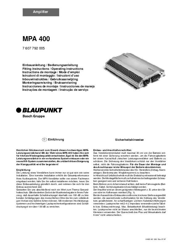 Guide utilisation BLAUPUNKT MPA 400  de la marque BLAUPUNKT