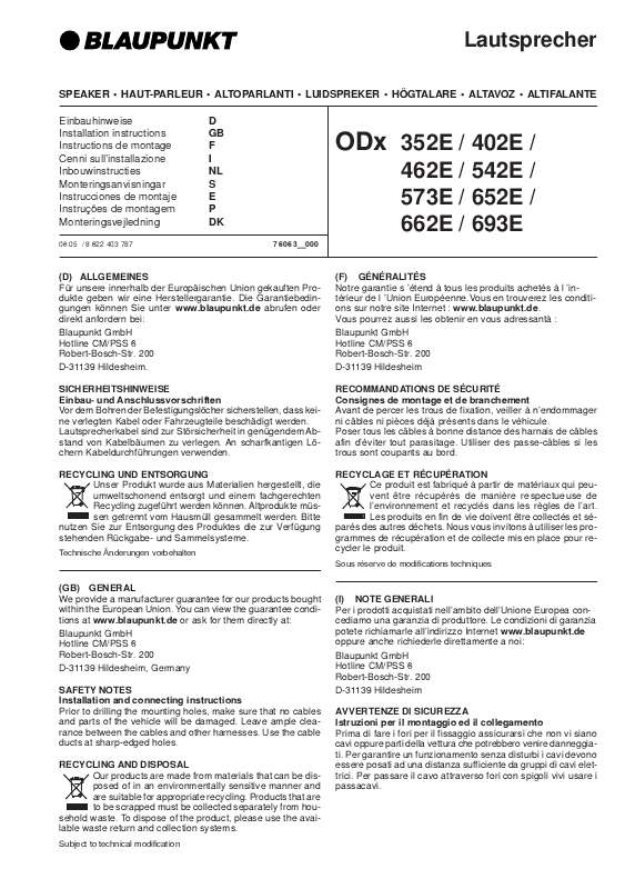 Guide utilisation BLAUPUNKT ODX 352E  de la marque BLAUPUNKT