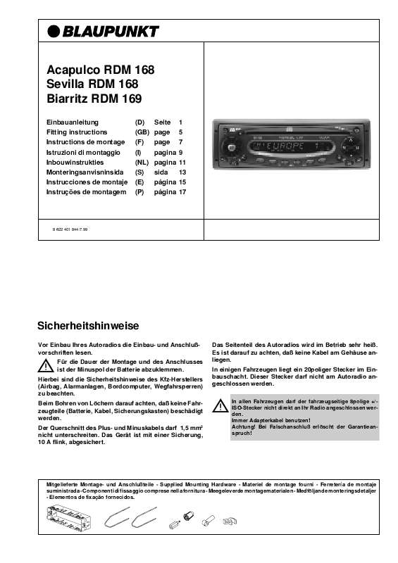 Guide utilisation BLAUPUNKT SEVILLA RDM 168 BLAU  de la marque BLAUPUNKT