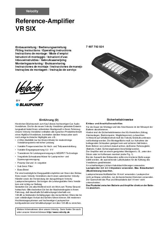 Guide utilisation BLAUPUNKT V SIX VELOCITY AMP  de la marque BLAUPUNKT