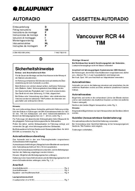 Guide utilisation BLAUPUNKT VANCOUVER RCR 44  de la marque BLAUPUNKT