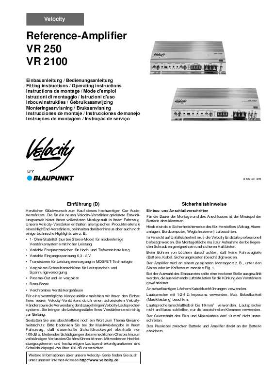 Guide utilisation BLAUPUNKT VELOCITY VR 250 / VR 2100 REFERENCE AMPLIFIER  de la marque BLAUPUNKT