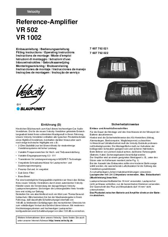 Guide utilisation BLAUPUNKT VELOCITY VR 502/ VR 1002  de la marque BLAUPUNKT