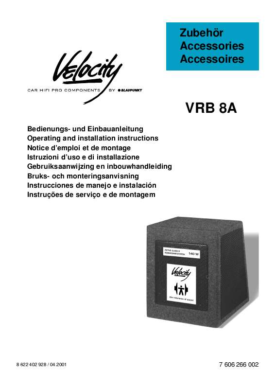 Guide utilisation BLAUPUNKT VELOCITY VRB 8A  de la marque BLAUPUNKT