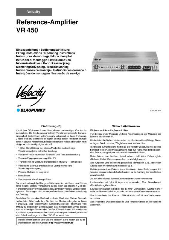 Guide utilisation BLAUPUNKT VR 450 VELOCITY  de la marque BLAUPUNKT