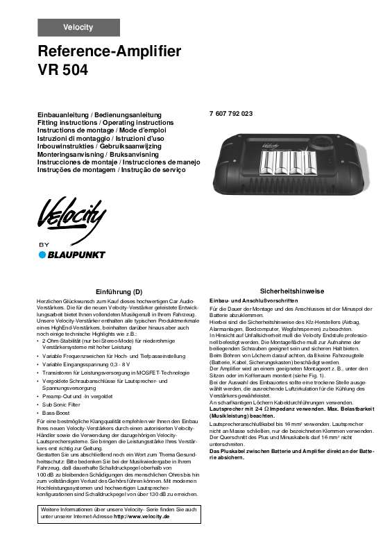 Guide utilisation BLAUPUNKT VR 504 VELOCITY AMP  de la marque BLAUPUNKT