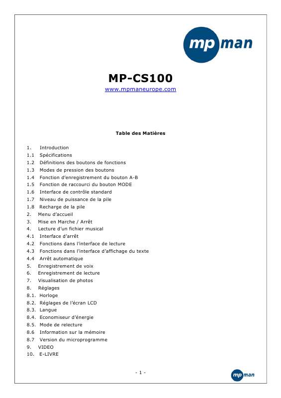 Guide utilisation MPMAN MP-CS100  de la marque MPMAN