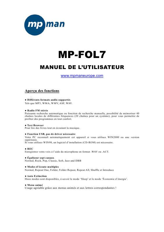 Guide utilisation MPMAN MP-FOL7  de la marque MPMAN