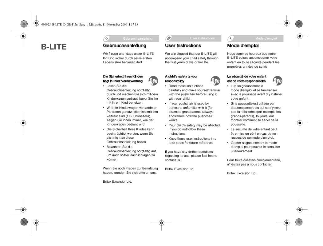 Guide utilisation BRITAX B-LITE  de la marque BRITAX
