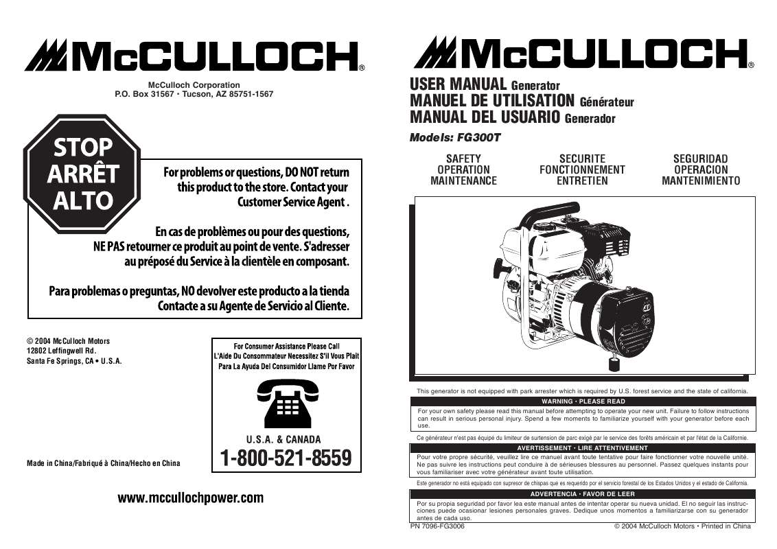 Guide utilisation  MCCULLOCH FG300T  de la marque MCCULLOCH