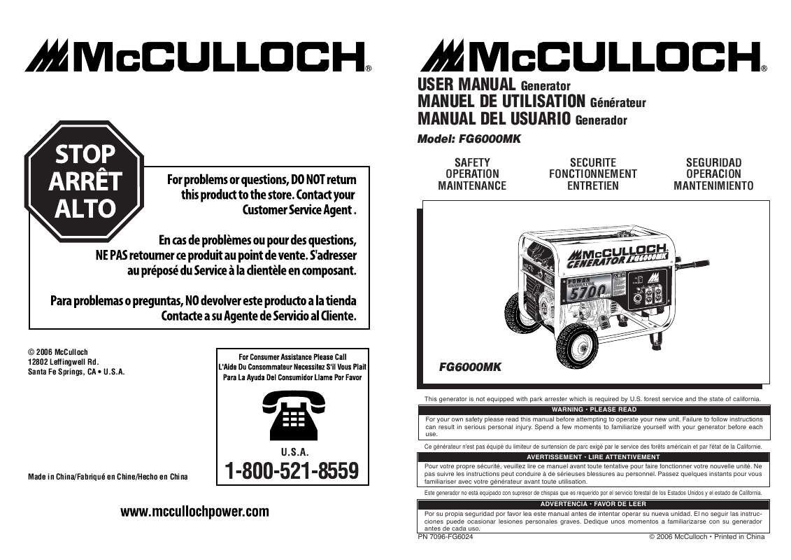 Guide utilisation  MCCULLOCH FG6000MK  de la marque MCCULLOCH