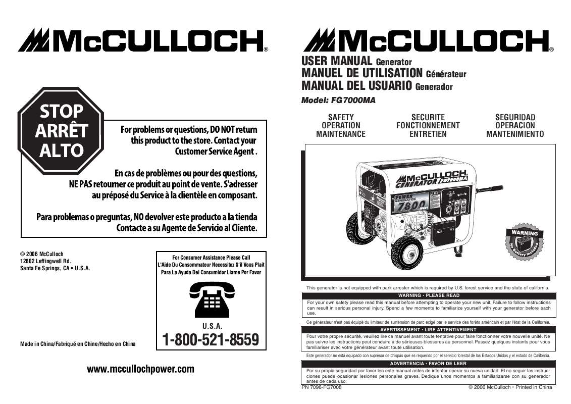Guide utilisation  MCCULLOCH FG7000MA  de la marque MCCULLOCH
