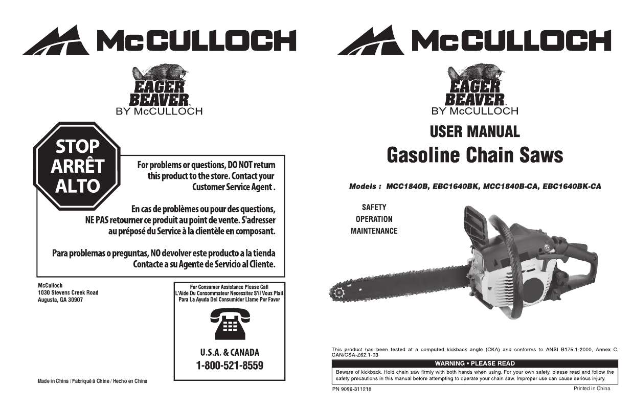 Guide utilisation  MCCULLOCH MCC1840BK-CA  de la marque MCCULLOCH