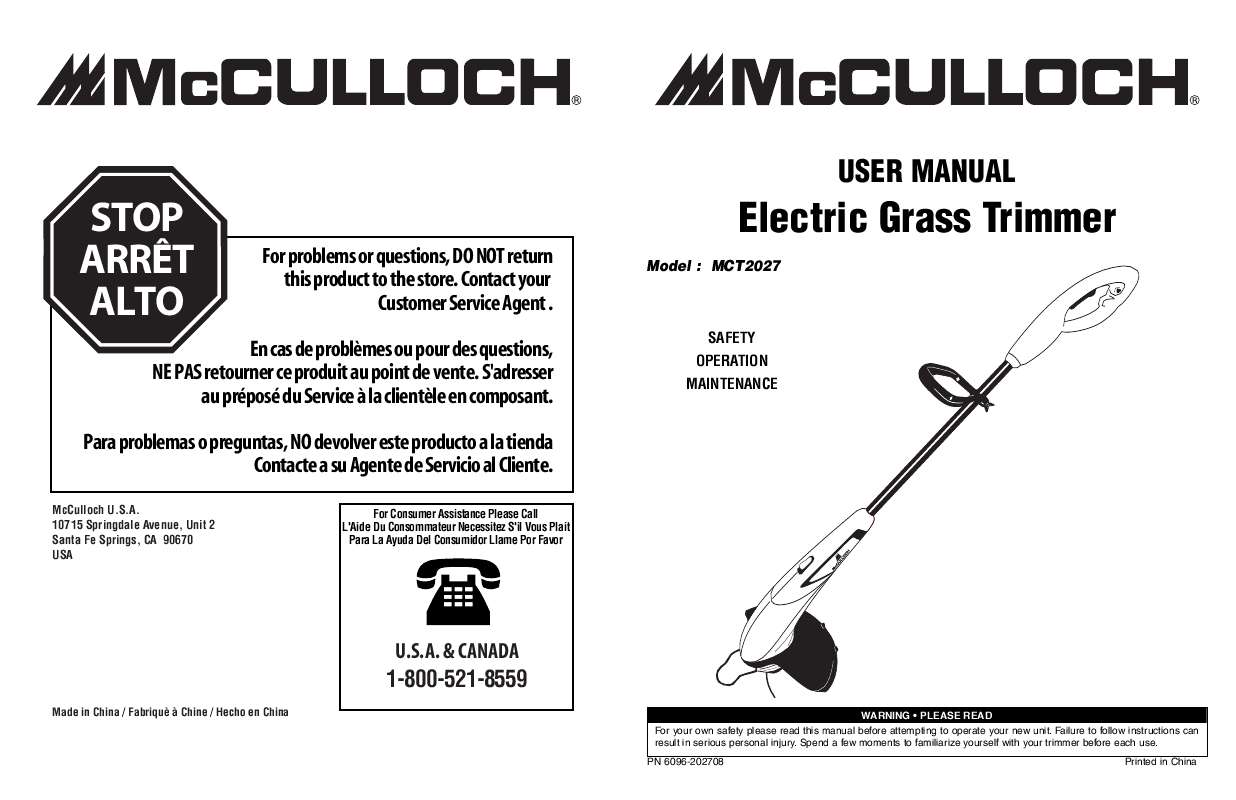 Guide utilisation  MCCULLOCH MCT2027  de la marque MCCULLOCH