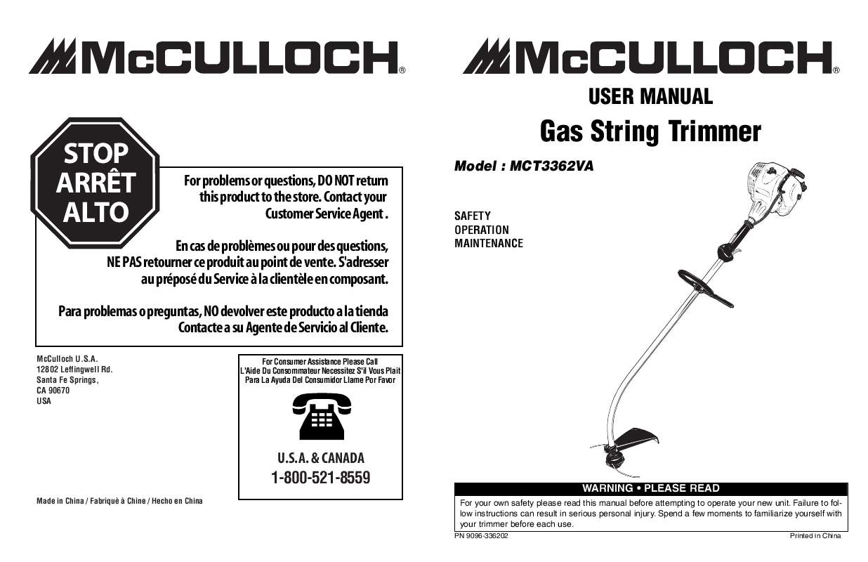 Guide utilisation  MCCULLOCH MCT3362VA  de la marque MCCULLOCH