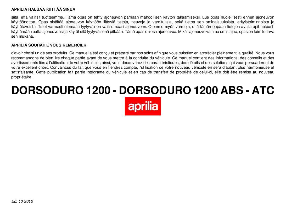 Guide utilisation APRILIA DORSODURO 1200 ABS  de la marque APRILIA