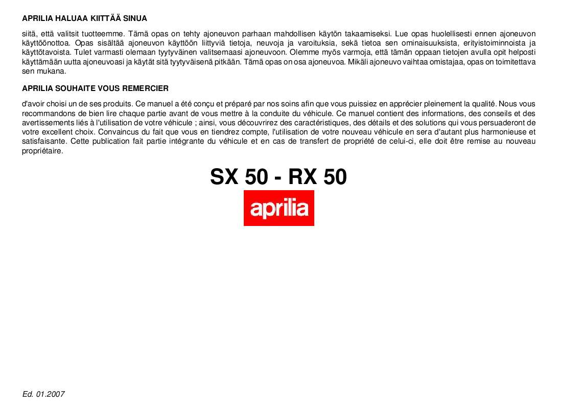 Guide utilisation APRILIA RX50  de la marque APRILIA