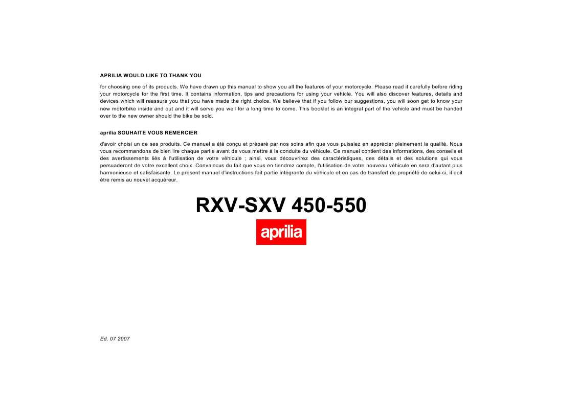 Guide utilisation APRILIA RXV450  de la marque APRILIA