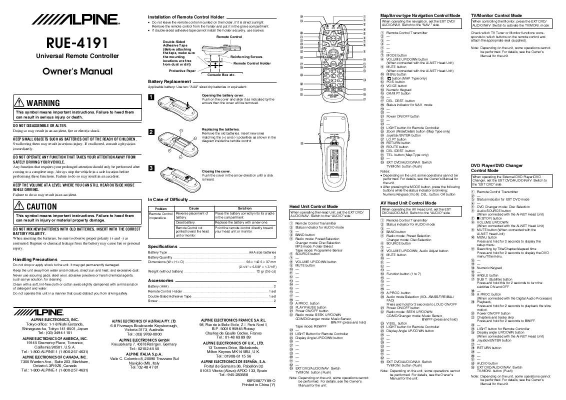Guide utilisation ALPINE RUE-4191  de la marque ALPINE