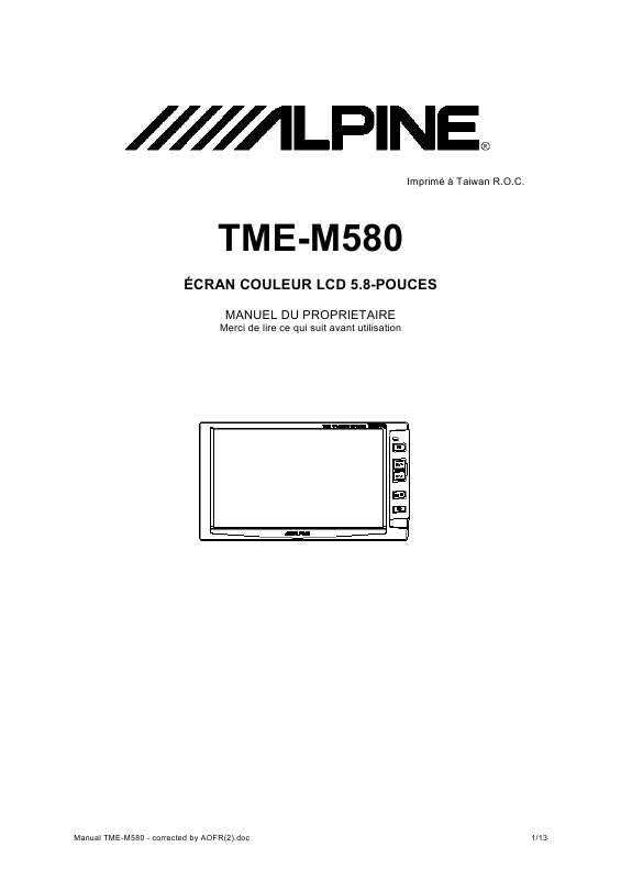 Guide utilisation ALPINE TME-M580  de la marque ALPINE