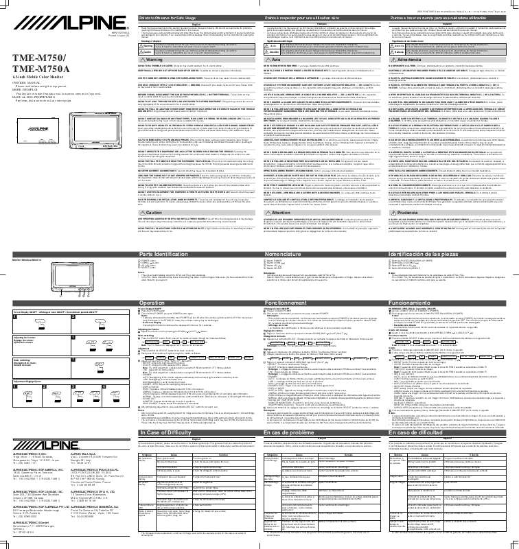 Guide utilisation ALPINE TME-M750  de la marque ALPINE