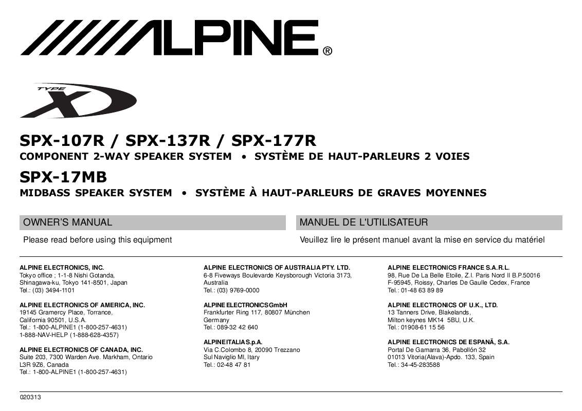 Guide utilisation ALPINE SPX-107R 137R 177R 17MB  de la marque ALPINE
