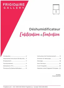 Notice FRIGIDAIRE FGAC5045W1 Déshumidificateur