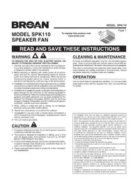 Notice BROAN SPK110 Fan