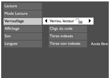 Lecture Mode Lecture Verrouillage Verrou. lecteur Affichage Chgt. du code Son Titres indexés Langues Titres non indexés Accès libre