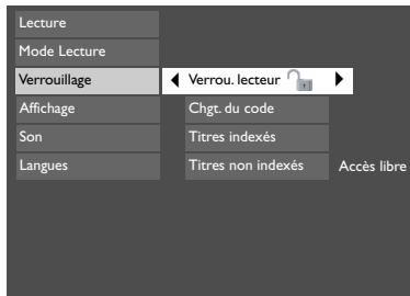 Lecture Mode Lecture Verrouillage ← Verrou. lecteur ▶ Affichage Chgt. du code Son Titres indexés Langues Titres non indexés Accès libre